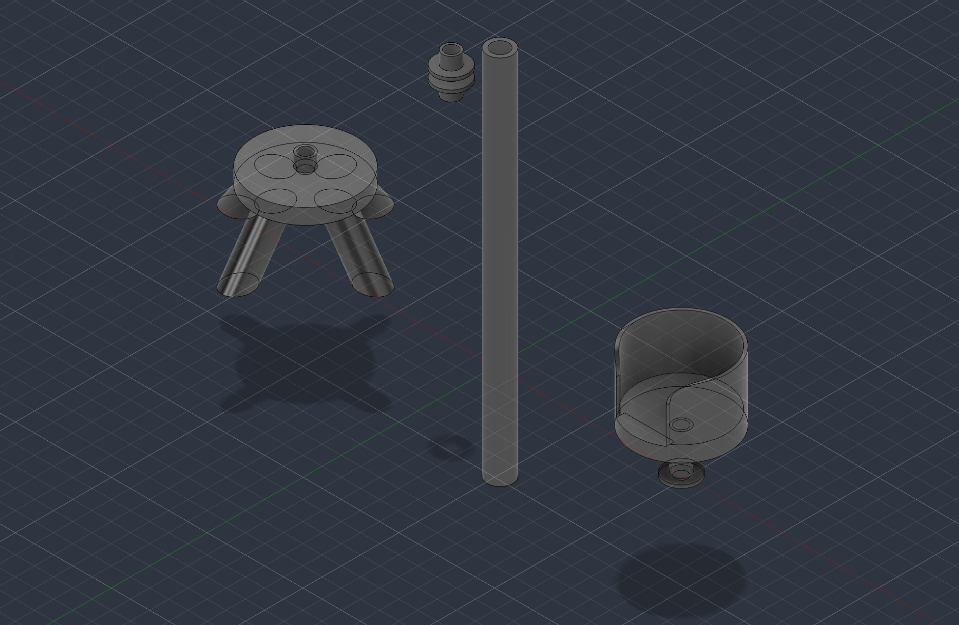 CAD render of the tripod base, pole segment, and cup holder showing the open slot cut for the mug handle