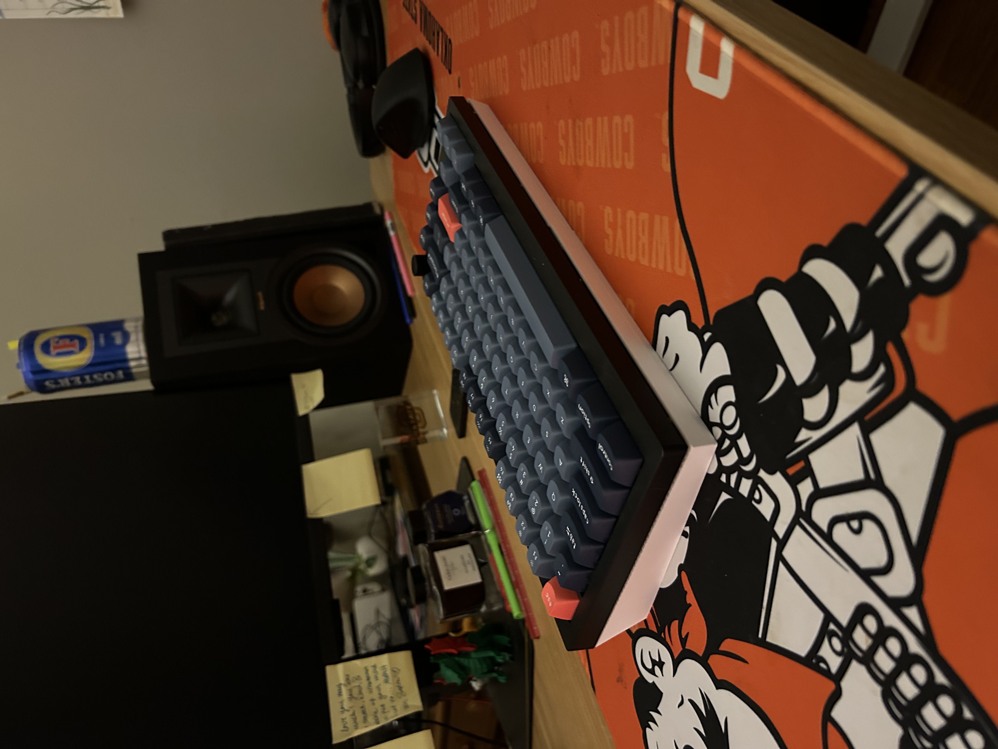 Another angle of the keyboard raised on the cover halves